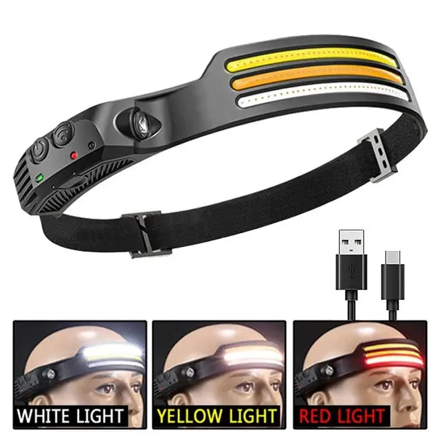 Lanterna de Cabeça LED COB Recarregável com Sensor de Movimento USB – Headlamp para Camping, Pesca e Trilhas