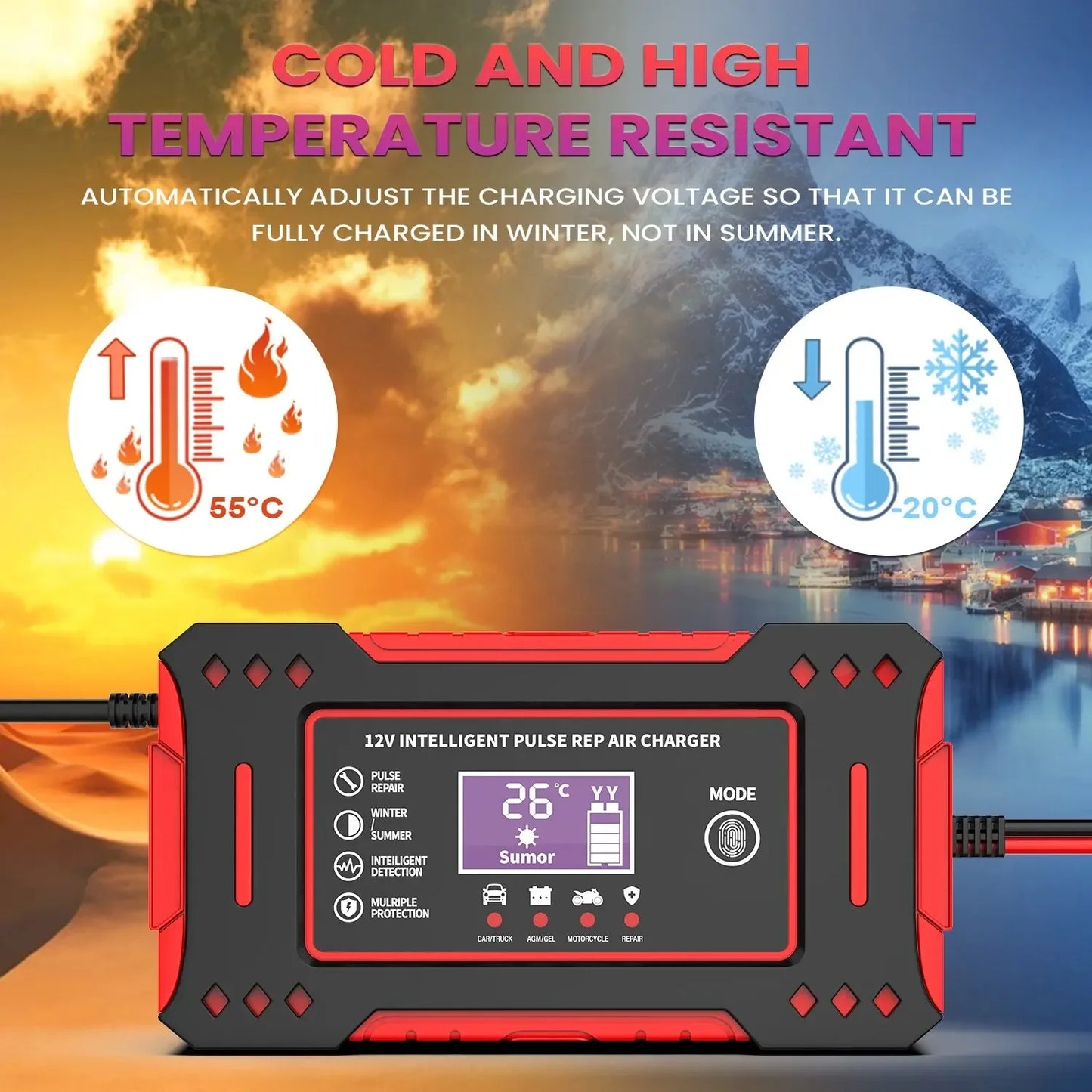 Carregador Inteligente de Bateria 12V para Carros e Motos com Display LCD – 6A, Função de Reparo Automático