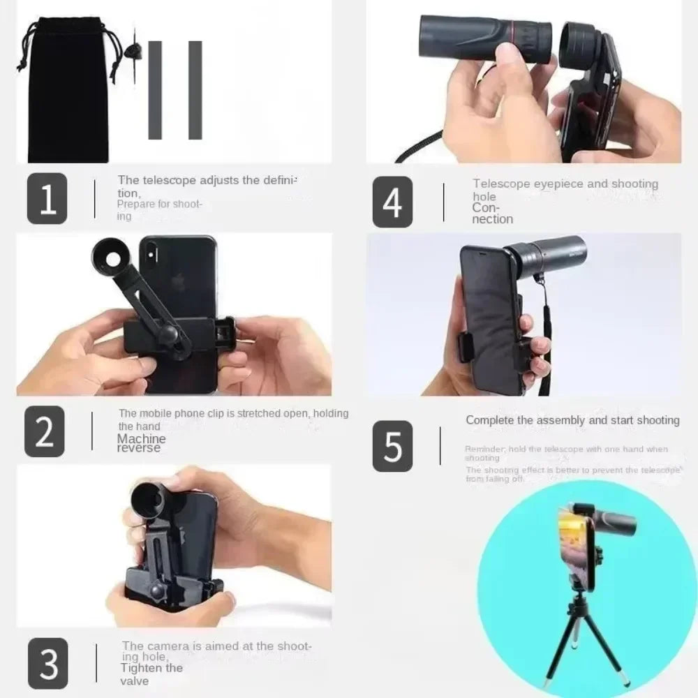 Mini Telescópio Monocular HD 2000x25 com Suporte para Celular – Portátil para Acampamento, Caça e Observação de Aves