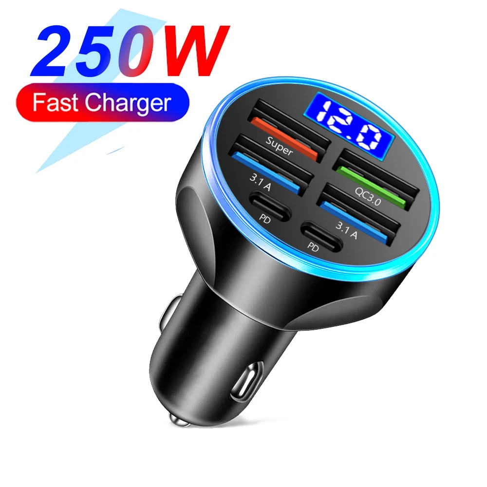 Carregador Veicular 6 em 1 com Display Digital – PD 66W + QC 3.0, Entrada para Isqueiro, Carga Rápida para Vários Dispositivos