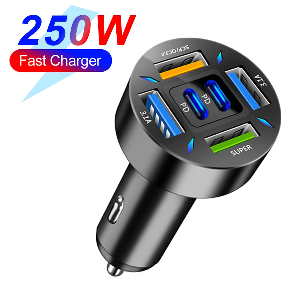 Carregador Veicular 6 em 1 com Display Digital – PD 66W + QC 3.0, Entrada para Isqueiro, Carga Rápida para Vários Dispositivos