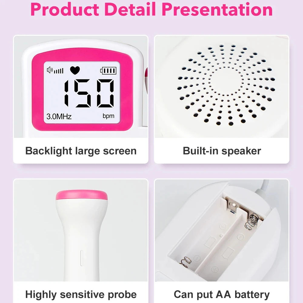 Doppler Fetal Portátil com Tela LCD – Monitor de Batimentos Cardíacos do Bebê 3.0MHz para Uso Doméstico em Gestantes