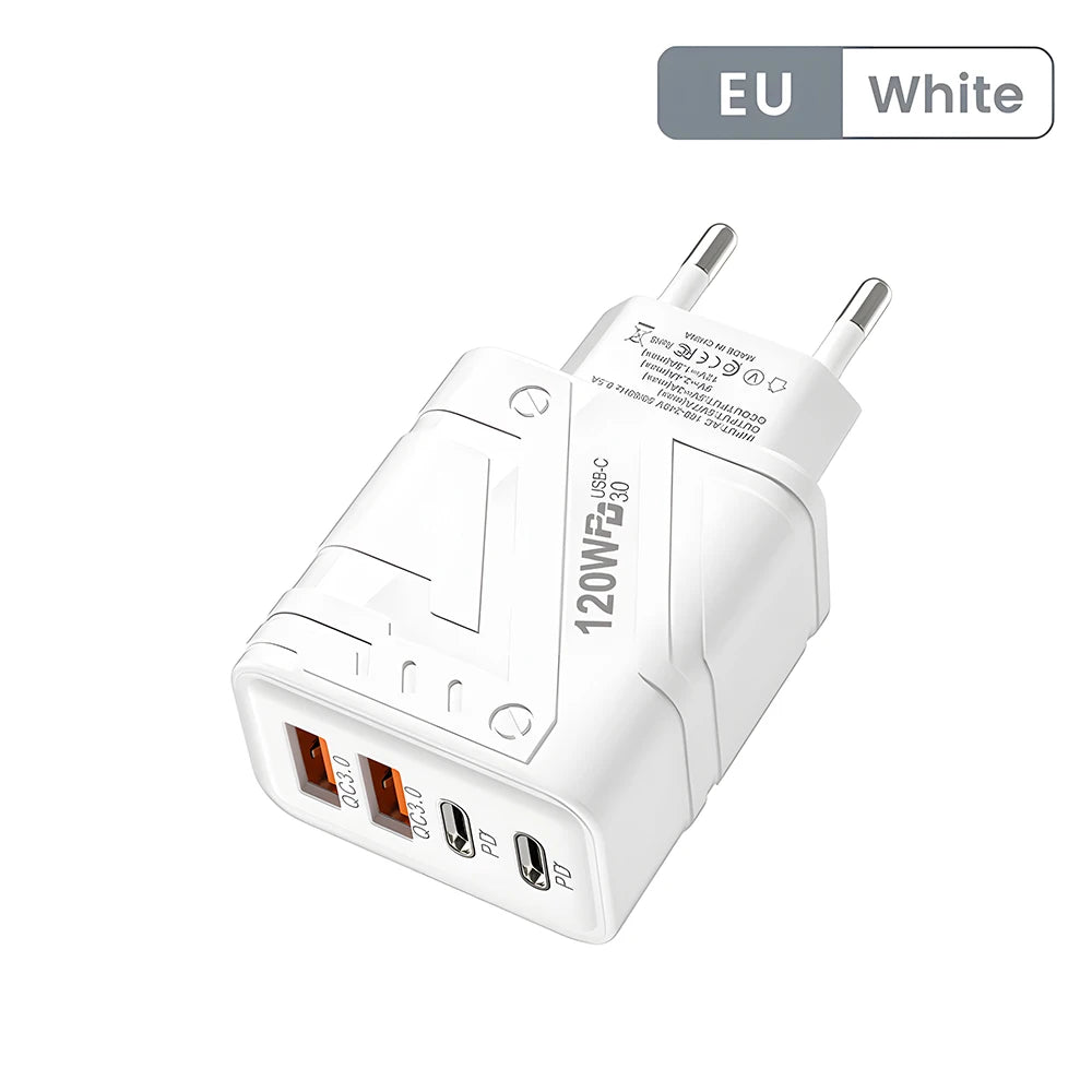 Carregador Rápido USB com 4 Portas (Type-C PD + QC 3.0) – Compatível com iPhone, Samsung, Xiaomi e mais