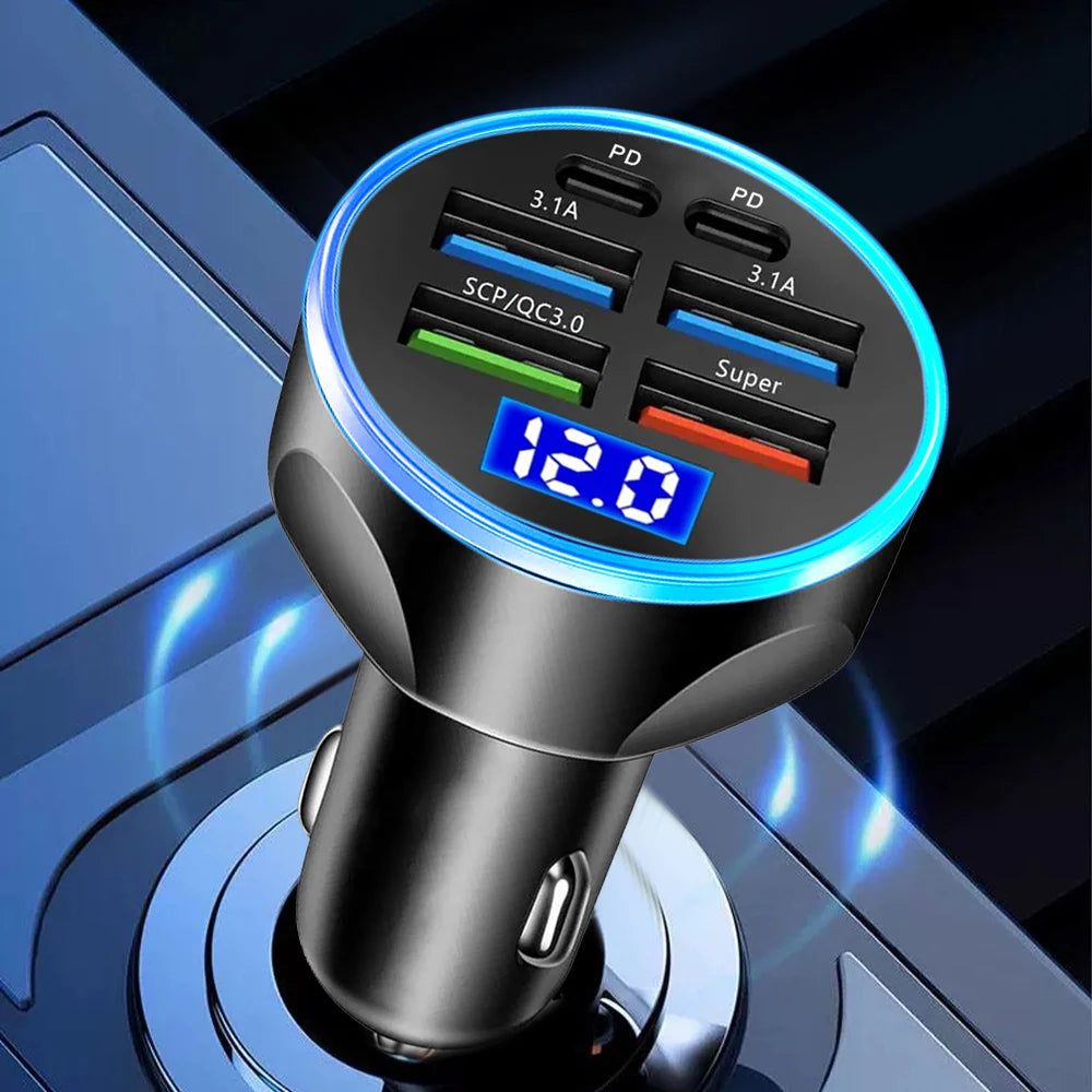 Carregador Veicular 6 em 1 com Display Digital – PD 66W + QC 3.0, Entrada para Isqueiro, Carga Rápida para Vários Dispositivos