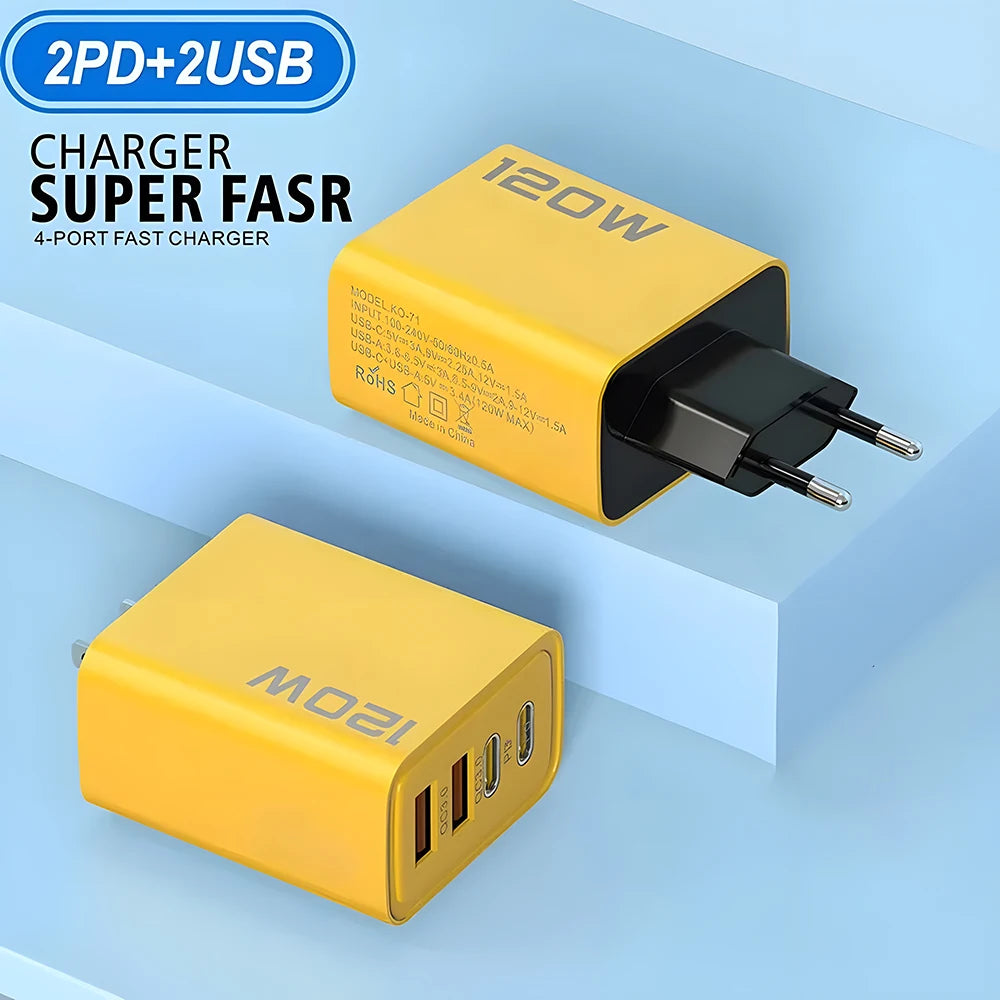 Carregador Rápido USB com 4 Portas (Type-C PD + QC 3.0) – Compatível com iPhone, Samsung, Xiaomi e mais