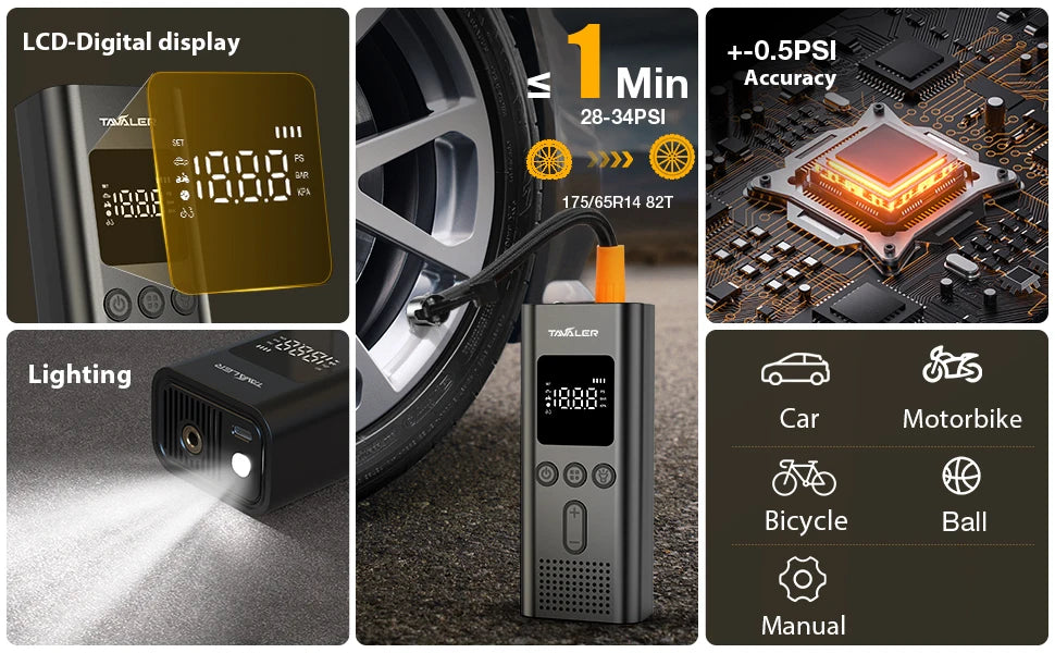 Mini Bomba de Ar Elétrica Portátil – 150 PSI com Lanterna LED