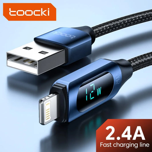 Cabo USB Toocki com Display LED para iPhone – Carregamento Rápido 2.4A, Compatível com iPhone 14/13/12/11/X/8/7, 1m ou 2m