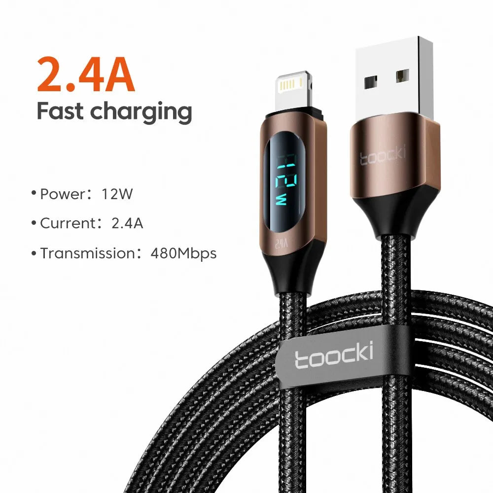Cabo USB Toocki com Display LED para iPhone – Carregamento Rápido 2.4A, Compatível com iPhone 14/13/12/11/X/8/7, 1m ou 2m