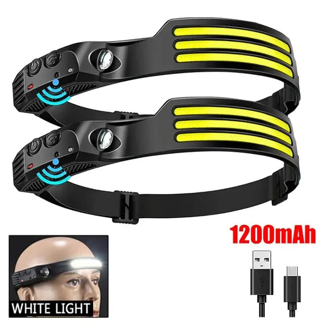 Lanterna de Cabeça LED COB Recarregável com Sensor de Movimento USB – Headlamp para Camping, Pesca e Trilhas