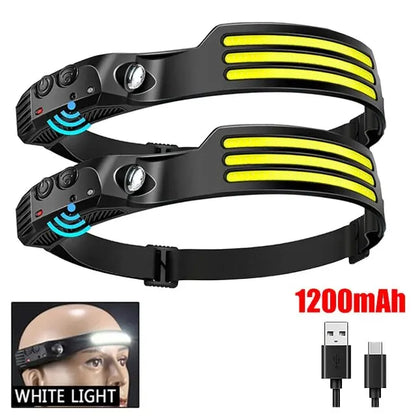 Lanterna de Cabeça LED COB Recarregável com Sensor de Movimento USB – Headlamp para Camping, Pesca e Trilhas