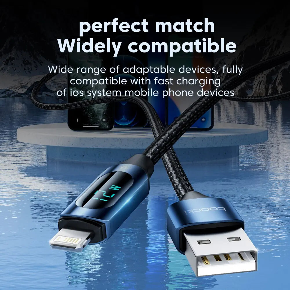 Cabo USB Toocki com Display LED para iPhone – Carregamento Rápido 2.4A, Compatível com iPhone 14/13/12/11/X/8/7, 1m ou 2m