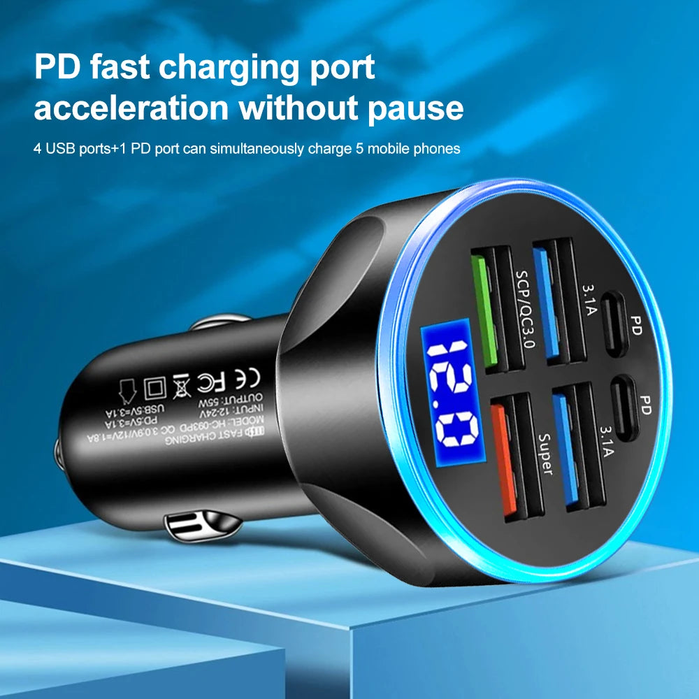 Carregador Veicular 6 em 1 com Display Digital – PD 66W + QC 3.0, Entrada para Isqueiro, Carga Rápida para Vários Dispositivos
