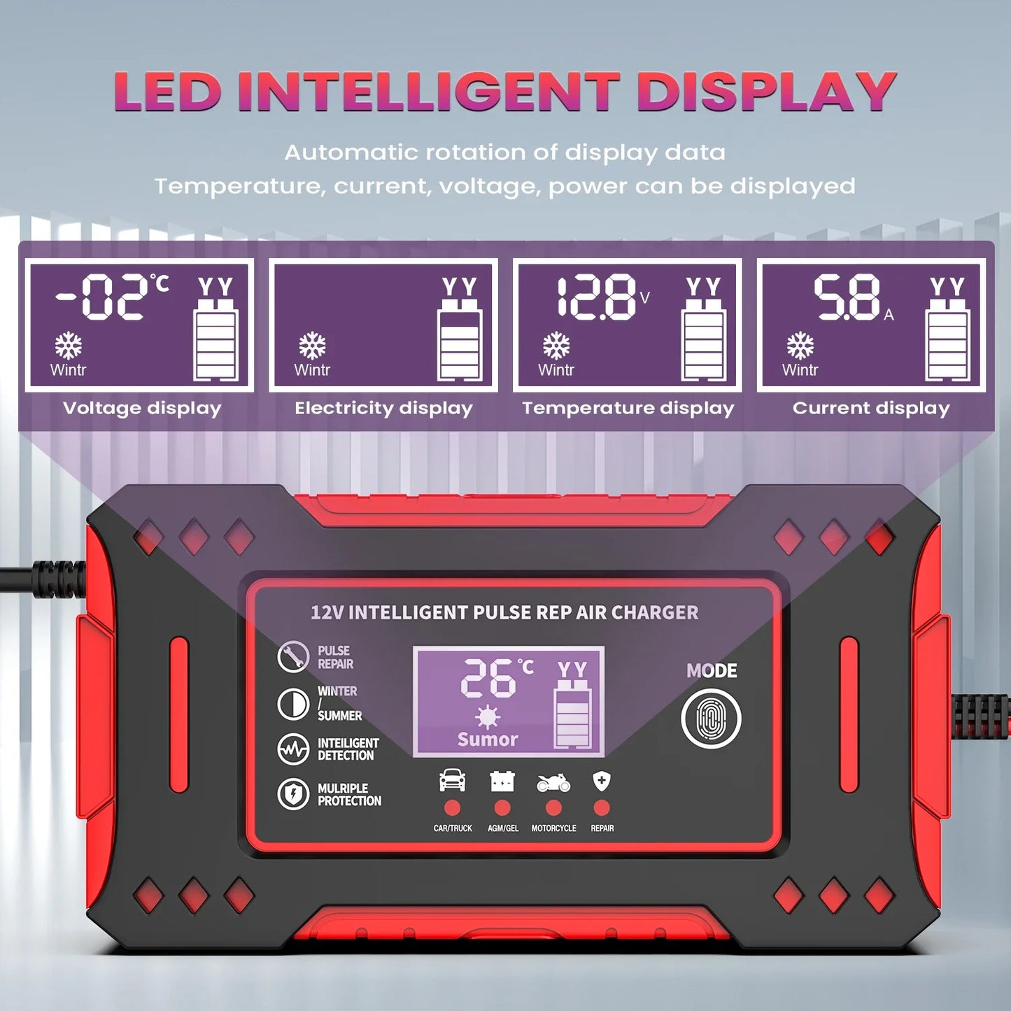 Carregador Inteligente de Bateria 12V para Carros e Motos com Display LCD – 6A, Função de Reparo Automático