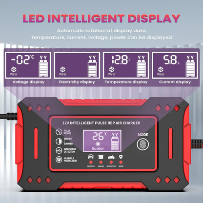 Carregador Inteligente de Bateria 12V para Carros e Motos com Display LCD – 6A, Função de Reparo Automático