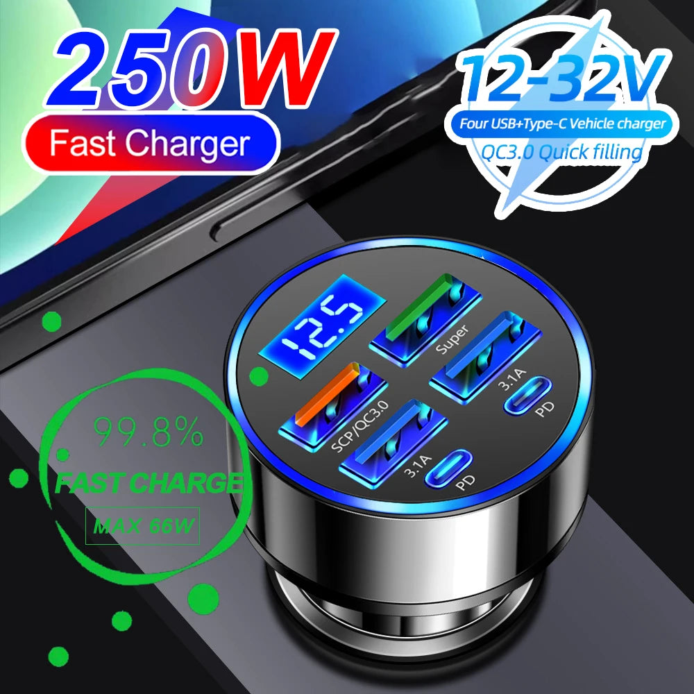 Carregador Veicular 6 em 1 com Display Digital – PD 66W + QC 3.0, Entrada para Isqueiro, Carga Rápida para Vários Dispositivos