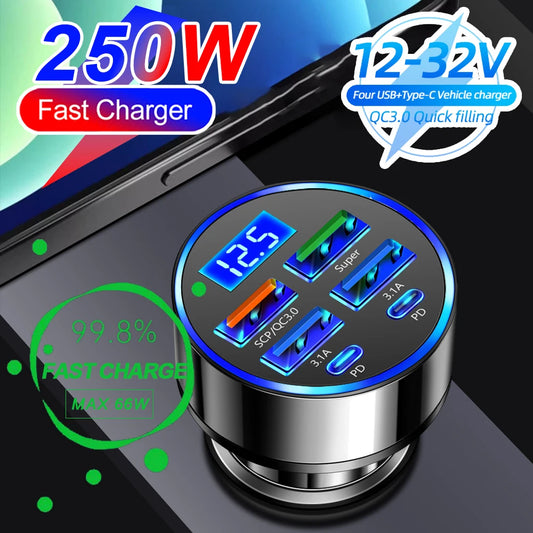 Carregador Veicular 6 em 1 com Display Digital – PD 66W + QC 3.0, Entrada para Isqueiro, Carga Rápida para Vários Dispositivos