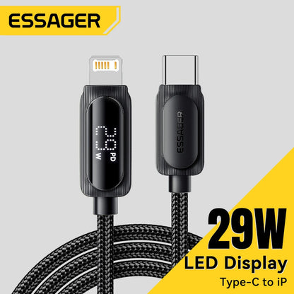 Cabo USB-C para iPhone com Visor Digital – Carregamento Rápido PD 29W e Transmissão de Dados – Compatível com iPhone 14/13/12/11 Pro Max e outros modelos Lightning