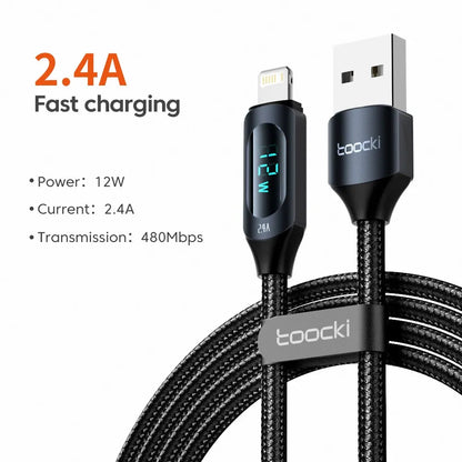 Cabo USB Toocki com Display LED para iPhone – Carregamento Rápido 2.4A, Compatível com iPhone 14/13/12/11/X/8/7, 1m ou 2m