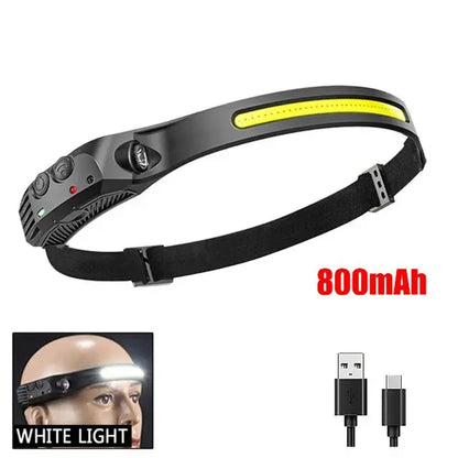 Lanterna de Cabeça LED COB Recarregável com Sensor de Movimento USB – Headlamp para Camping, Pesca e Trilhas