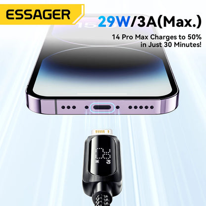 Cabo USB-C para iPhone com Visor Digital – Carregamento Rápido PD 29W e Transmissão de Dados – Compatível com iPhone 14/13/12/11 Pro Max e outros modelos Lightning