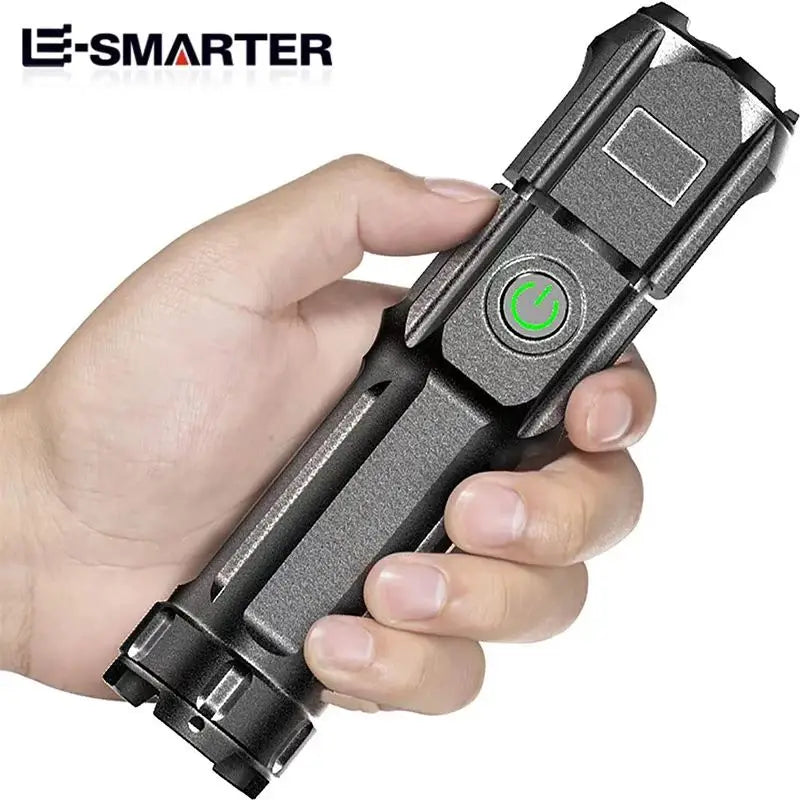 Lanterna Tática LED Recarregável com Zoom Telescópico, 4 Modos de Iluminação, Longo Alcance e à Prova d'Água para Camping e Pesca