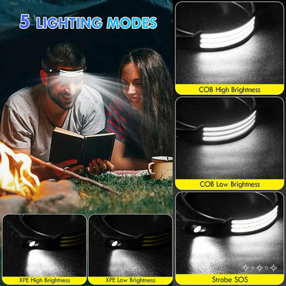 Lanterna de Cabeça LED COB Recarregável com Sensor de Movimento USB – Headlamp para Camping, Pesca e Trilhas