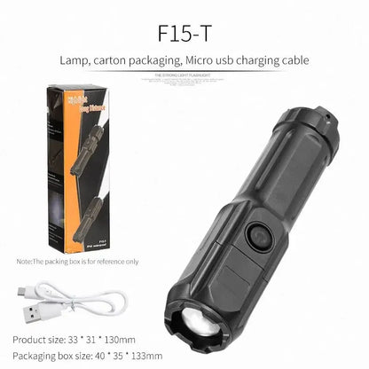 Lanterna Tática LED Recarregável com Zoom Telescópico, 4 Modos de Iluminação, Longo Alcance e à Prova d'Água para Camping e Pesca