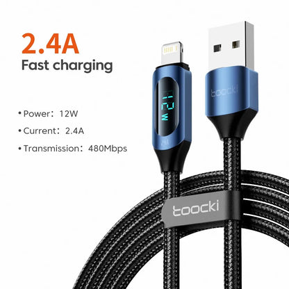 Cabo USB Toocki com Display LED para iPhone – Carregamento Rápido 2.4A, Compatível com iPhone 14/13/12/11/X/8/7, 1m ou 2m