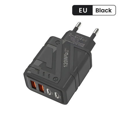 Carregador Rápido USB com 4 Portas (Type-C PD + QC 3.0) – Compatível com iPhone, Samsung, Xiaomi e mais