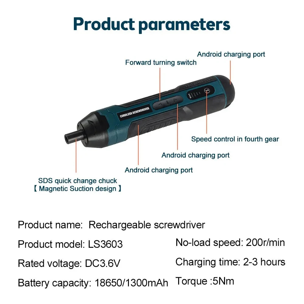 Parafusadeira Elétrica Portátil USB Recarregável – Kit Completo com várias Ponteiras