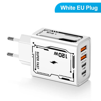 Carregador Rápido USB com 4 Portas (Type-C PD + QC 3.0) – Compatível com iPhone, Samsung, Xiaomi e mais