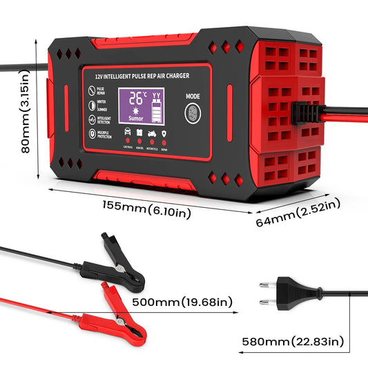 Carregador Inteligente de Bateria 12V para Carros e Motos com Display LCD – 6A, Função de Reparo Automático