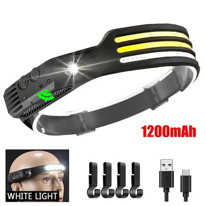 Lanterna de Cabeça LED COB Recarregável com Sensor de Movimento USB – Headlamp para Camping, Pesca e Trilhas