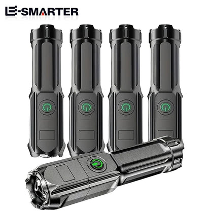 Lanterna Tática LED Recarregável com Zoom Telescópico, 4 Modos de Iluminação, Longo Alcance e à Prova d'Água para Camping e Pesca