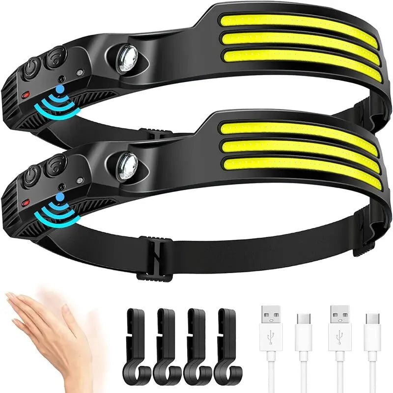 Lanterna de Cabeça LED COB Recarregável com Sensor de Movimento USB – Headlamp para Camping, Pesca e Trilhas