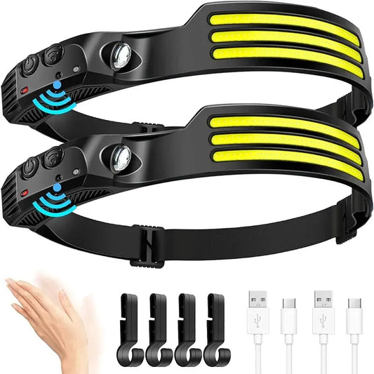 Lanterna de Cabeça LED COB Recarregável com Sensor de Movimento USB – Headlamp para Camping, Pesca e Trilhas