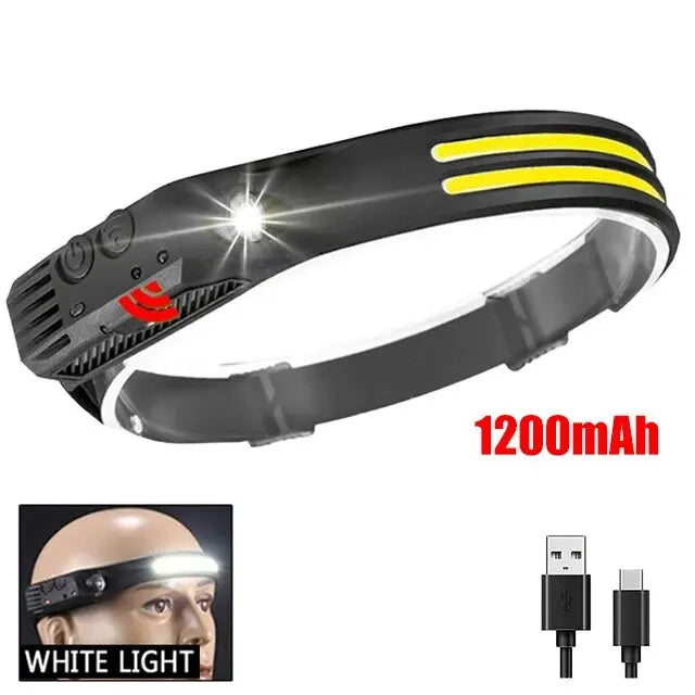 Lanterna de Cabeça LED COB Recarregável com Sensor de Movimento USB – Headlamp para Camping, Pesca e Trilhas