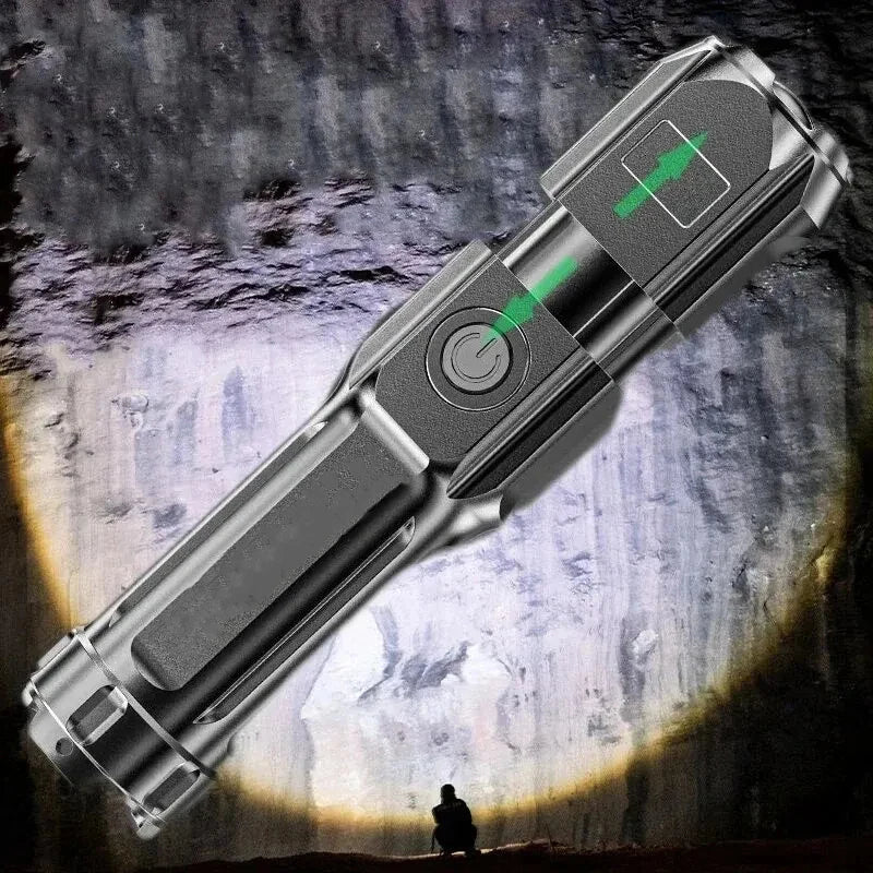 Lanterna Tática LED Recarregável com Zoom Telescópico, 4 Modos de Iluminação, Longo Alcance e à Prova d'Água para Camping e Pesca