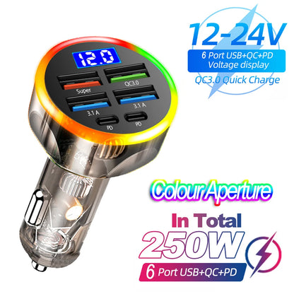 Carregador Veicular 6 em 1 com Display Digital – PD 66W + QC 3.0, Entrada para Isqueiro, Carga Rápida para Vários Dispositivos