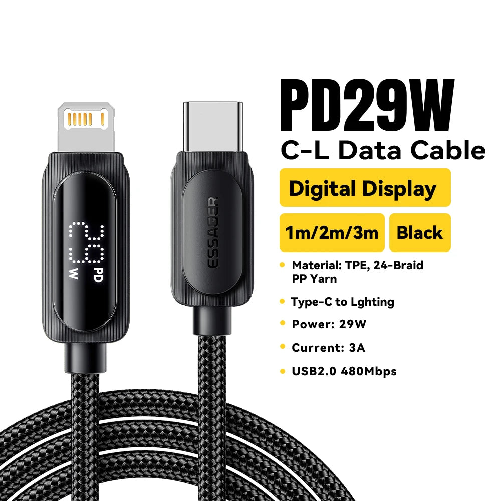 Cabo USB-C para iPhone com Visor Digital – Carregamento Rápido PD 29W e Transmissão de Dados – Compatível com iPhone 14/13/12/11 Pro Max e outros modelos Lightning