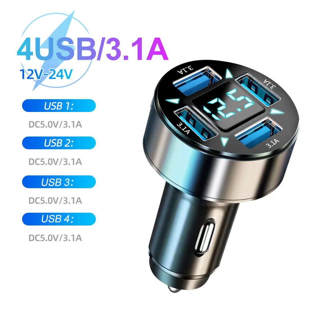 Carregador Veicular 6 em 1 com Display Digital – PD 66W + QC 3.0, Entrada para Isqueiro, Carga Rápida para Vários Dispositivos