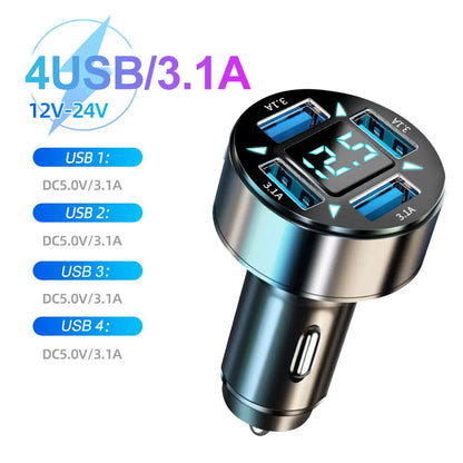 Carregador Veicular 6 em 1 com Display Digital – PD 66W + QC 3.0, Entrada para Isqueiro, Carga Rápida para Vários Dispositivos