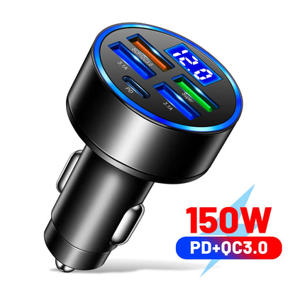 Carregador Veicular 6 em 1 com Display Digital – PD 66W + QC 3.0, Entrada para Isqueiro, Carga Rápida para Vários Dispositivos