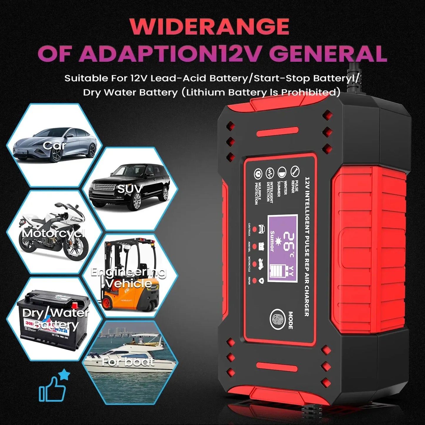 Carregador Inteligente de Bateria 12V para Carros e Motos com Display LCD – 6A, Função de Reparo Automático