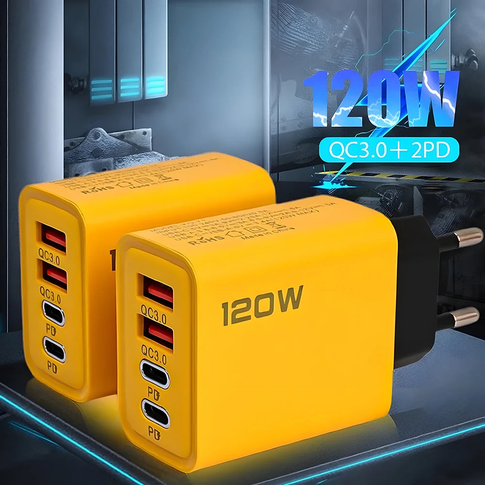 Carregador Rápido USB com 4 Portas (Type-C PD + QC 3.0) – Compatível com iPhone, Samsung, Xiaomi e mais