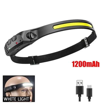 Lanterna de Cabeça LED COB Recarregável com Sensor de Movimento USB – Headlamp para Camping, Pesca e Trilhas