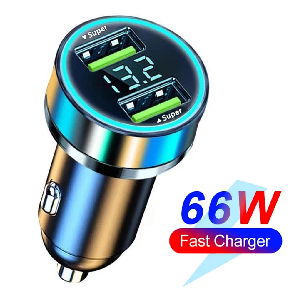Carregador Veicular 6 em 1 com Display Digital – PD 66W + QC 3.0, Entrada para Isqueiro, Carga Rápida para Vários Dispositivos