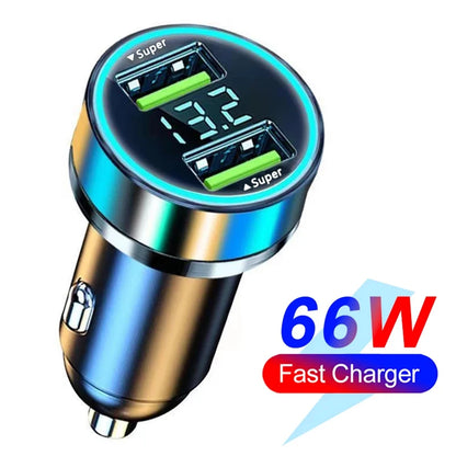 Carregador Veicular 6 em 1 com Display Digital – PD 66W + QC 3.0, Entrada para Isqueiro, Carga Rápida para Vários Dispositivos