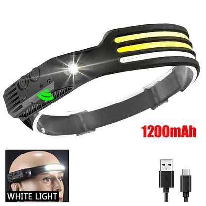 Lanterna de Cabeça LED COB Recarregável com Sensor de Movimento USB – Headlamp para Camping, Pesca e Trilhas
